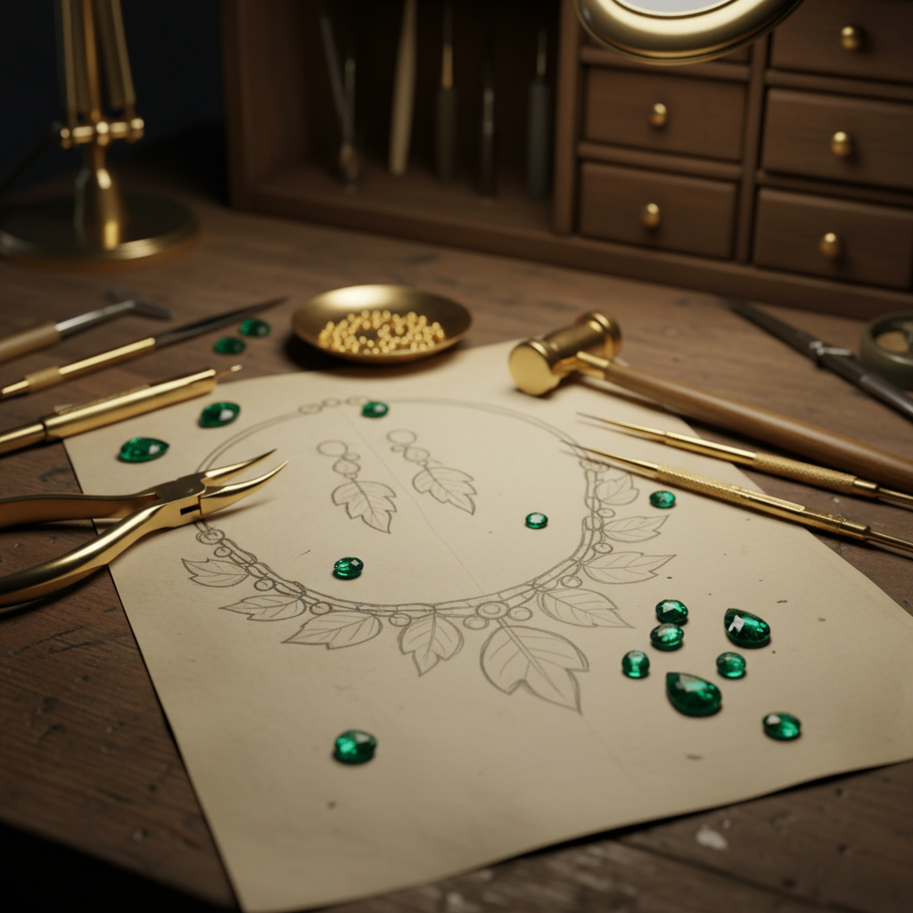 Boceto de diseño de joyería a medida con piedras sueltas