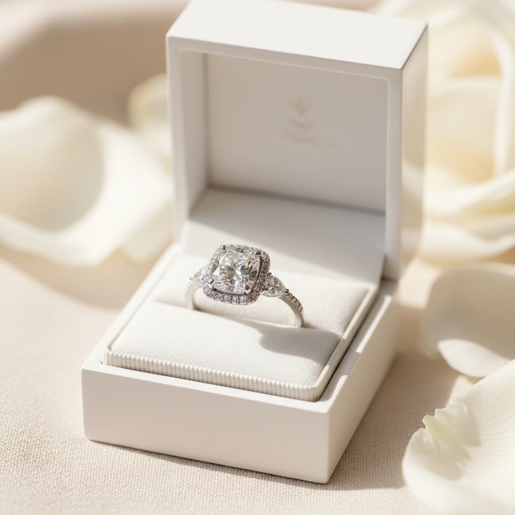 Anillo de compromiso de diamante y oro blanco