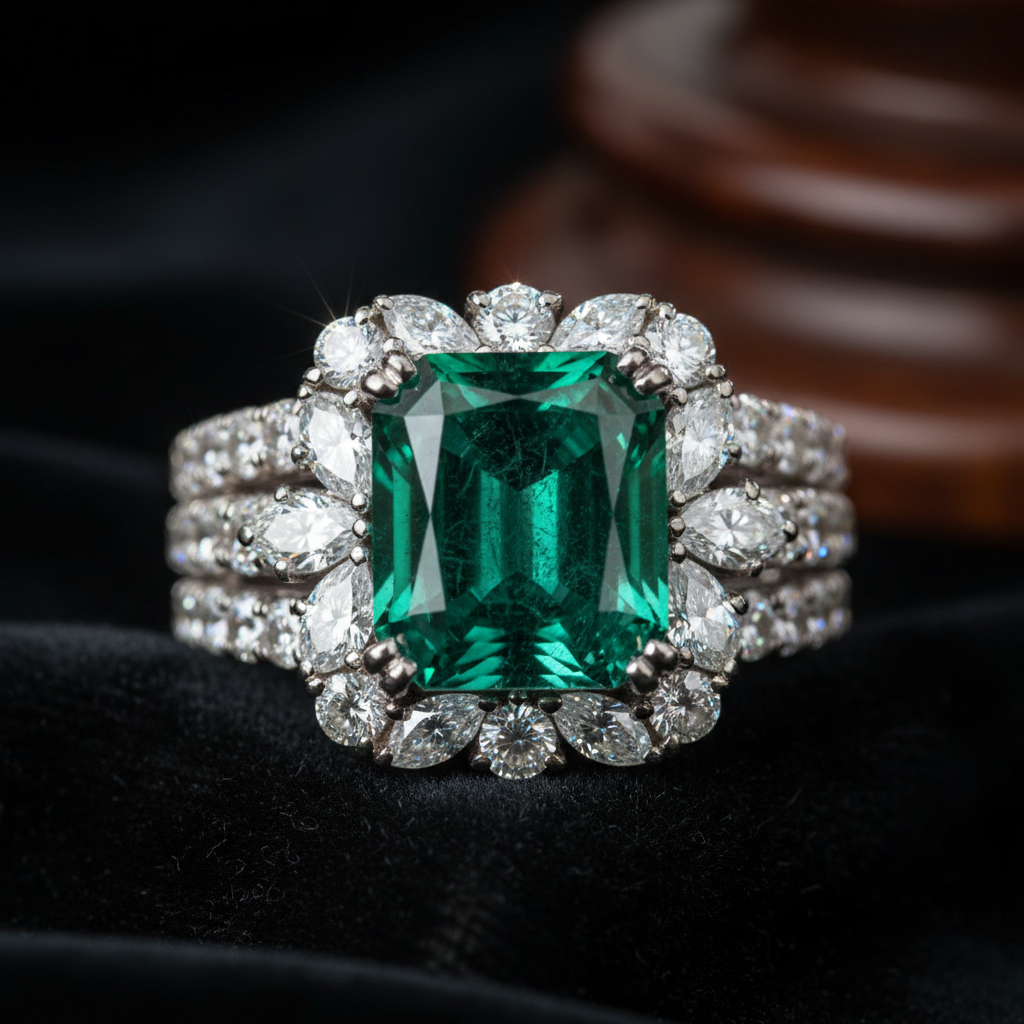 Primer plano de anillo de esmeralda colombiana de alta joyería